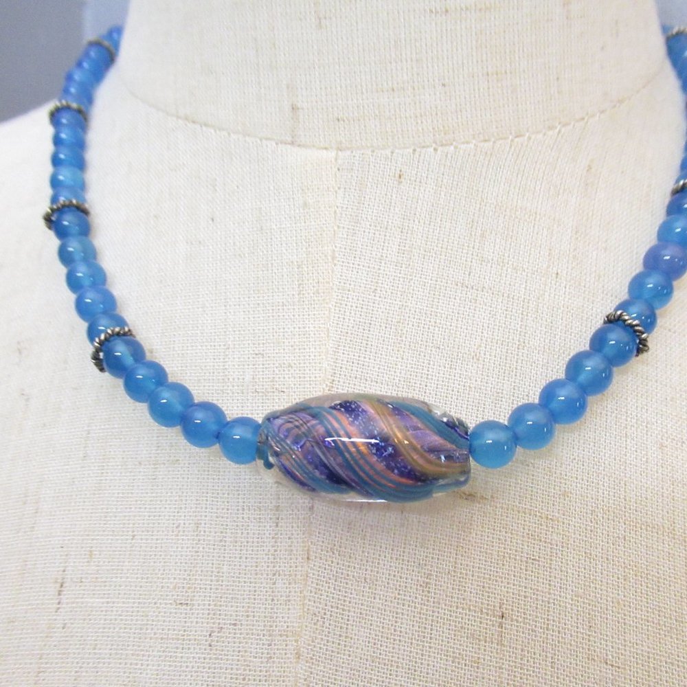Blue Quartz Stone Necklace With Glass Bead